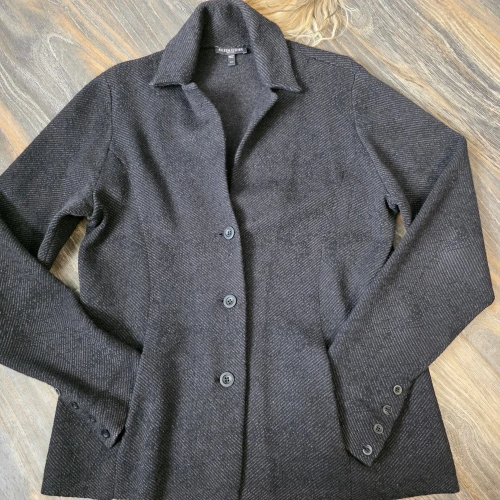 Eileen Fisher Petite‎ Charcoal Herringbone Wool Blend Blazer Jacket PM